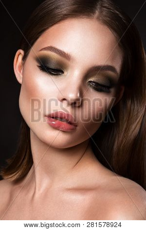 Beautyful Girl With Bright Make Up. Cherry Lips