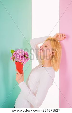 Lady Happy Received Flowers From Secret Admirer. Who Is Her Secret Admirer Woman Smiling Dreamy Try 