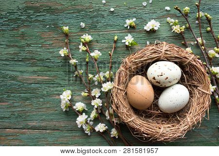 Easter Eggs In A Basket Of Straw With Flowering Branches On A Shabby Wooden Background