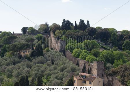 Italy, Florence - April 30 2017: The View Of Defence Wall Fragment In Oltrarno Area In Florence On A