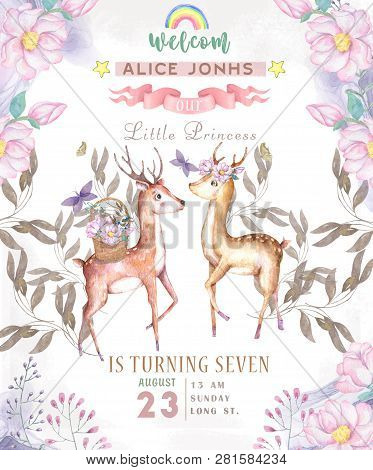 Cute Baby Deers Animal Isolated Illustration For Children. Bohemian Watercolor Boho Forest Deer Fami