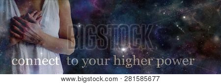 Connect To Your Higher Power - Semi Transparent Female Torso Holding Hands Over Heart Against A Dark