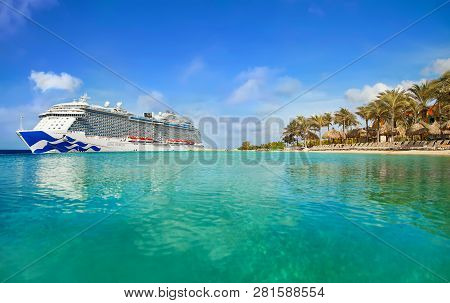 Willemstad, Curacao - April 06, 2018:  View From Tropical Beach On Cruise Ship Royal Princess Docked