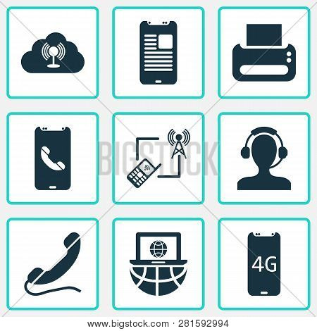 Telecommunication Icons Set With Printer, Laptop Communication, Cloud Access Point And Other Call Ce