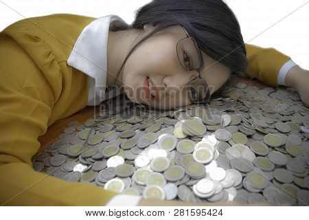 Business Woman Hand Protecting With Stacked Lots Coin, Portrait Of Beautiful Happy Young Lady Hands 