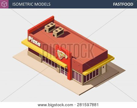 Vector Isometric Fast Food Or Pizzerie Building With Sale Sign Board.