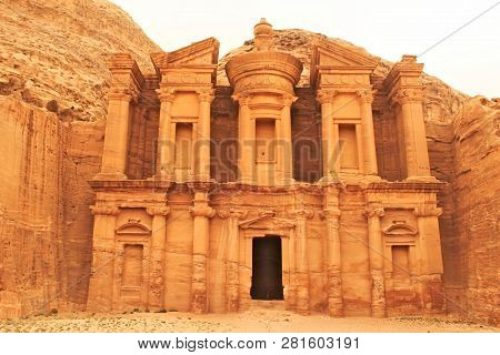 Deir Monastery In The Ancient City Of Petra; Decorative Temple Built In A Rock