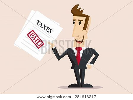 Happy Businessman Holds Tax Form With Paid Stamp