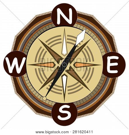 Compass Flat Isolated. Geography Navigation Pointing Equipment With Magnetic Hand, Wind Rose And Gui