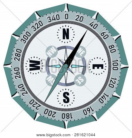Compass Flat Isolated. Geography Navigation Pointing Equipment With Magnetic Hand, Wind Rose And Gui