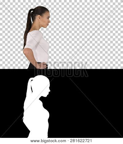Beautiful Young Woman In Elegant Outfit Walking, Holding Hands On Hips, Alpha Channel