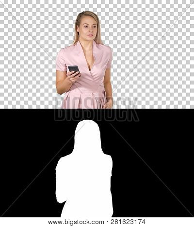 Sexy Woman Walking And Texting On The Smart Phone, Alpha Channel
