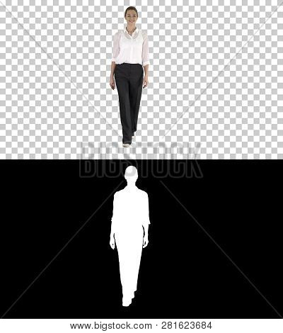 Formal Young Woman Walking And Smiling, Alpha Channel