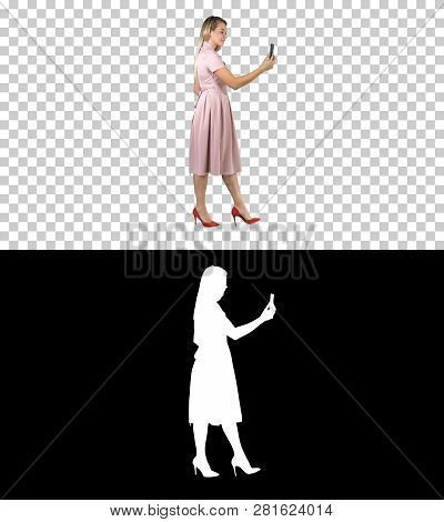 Cute Sweet Gorgeous Nice Stunning Adorable Good-looking Good-dressed Lady Making Selfie While Walkin