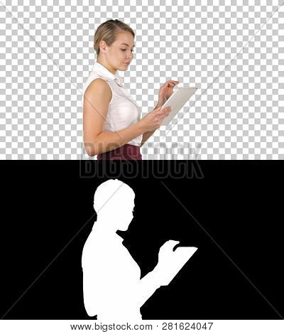 Modern Businesswoman Using Tablet Computer While Walking, Alpha Channel