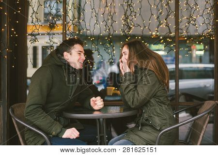 Theme Love Holiday Valentines Day. Pair College Students, Caucasian Heterosexual Lovers In Winter, S