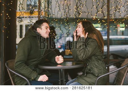 Theme Love Holiday Valentines Day. Pair College Students, Caucasian Heterosexual Lovers In Winter, S