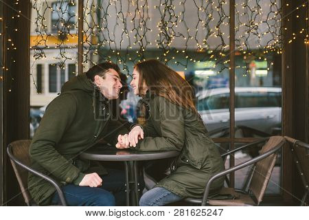 Theme Love Holiday Valentines Day. Pair College Students, Caucasian Heterosexual Lovers In Winter, S