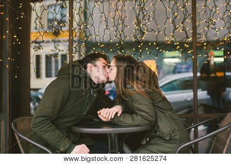 Theme Love Holiday Valentines Day. Pair College Students, Caucasian Heterosexual Lovers In Winter, S