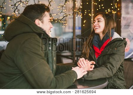 Theme Love Holiday Valentines Day. Pair College Students, Caucasian Heterosexual Lovers In Winter, S