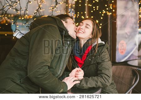 Theme Love Holiday Valentines Day. Pair College Students, Caucasian Heterosexual Lovers In Winter, S