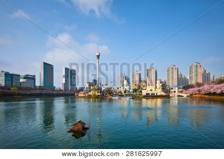 SEOUL, SOUTH KOREA - APRIL 7, 2017: Lotte World amusement park Magic Island in Seokchon lake. Seoul, South Korea
