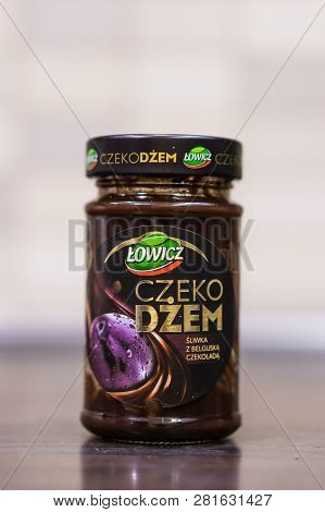 Poznan, Poland - January 29, 2019: Polish Lowicz Czeko Dzem Marmalade With Plum And Chocolate In A G