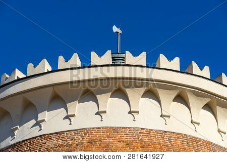 Lublin, Poland - Juni 07, 2018: The Top Of The Lublin Castle Tower (donjon) With An Ax. It Is Monume