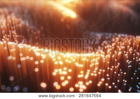 Abstract City Of 3d Optical Fiber. Camera Movement On Abstract Realistic Glowing 3d Illustration