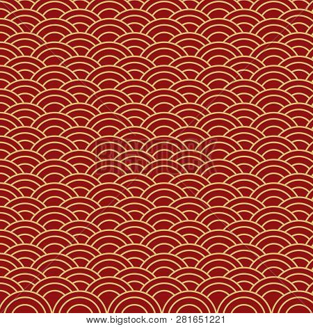 Chinese Seamless Gold Wave On Red Background. Suitable For Gift Paper. Vector Pattern.