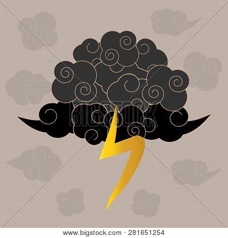 Lightning Cloud Chinese Black On Gray Background . Vector Drawing