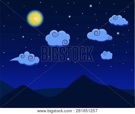 Sky Cloud Chinese Night With Moon. Vector Drawing