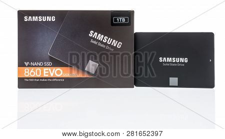 Winneconne, Wi - 28 January 2019: A Samsung 860 Evo Solid State Hard Drive On An Isolated Background