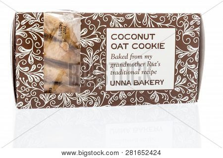 Winneconne, Wi - 28 January 2019: A Package Of Unna Bakery Coconut Oat Cookie On An Isolated Backgro