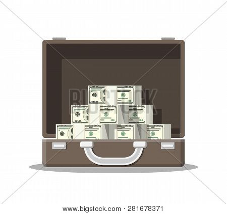 Open Leather Suitcase Full Of Money. Stacks Of Dollar Banknotes In Case. Symbol Of Wealth. Business 