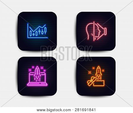 Neon Glow Lights. Set Of Start Business, Face Id And Financial Diagram Icons. Innovation Sign. Launc