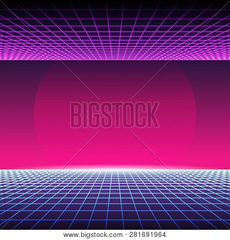 Retro Neon Light Synthwave Sci-fi Background. Vector