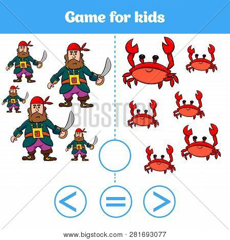 Education Logic Game For Preschool Kids. Choose The Correct Answer. More, Less Or Equal Vector Illus