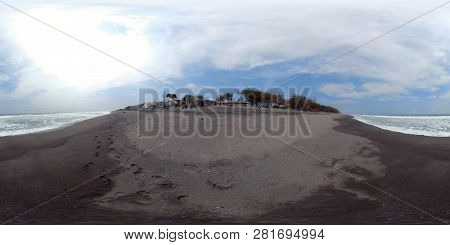 Vr 360 Sandy Beach Near Ocean With Big Waves In Tropical Resort. Aerial View Seascape, Ocean And Bea
