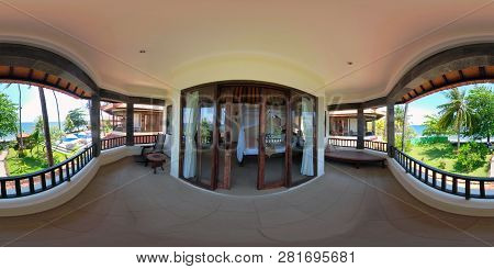 Vr 360 View From The Balcony Of Luxury Hotel On Sea. Bedroom Interior With Large Bed In Luxury Hotel