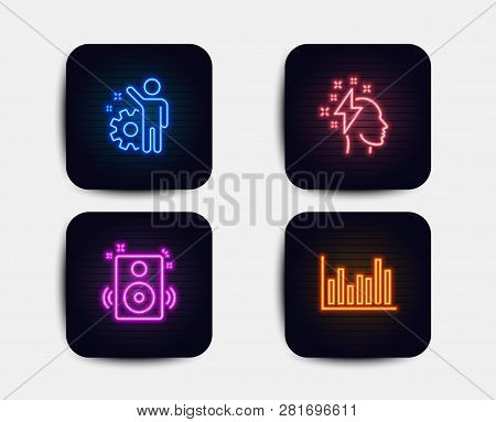 Neon Set Of Speakers, Brainstorming And Employee Icons. Bar Diagram Sign. Sound, Lightning Bolt, Cog