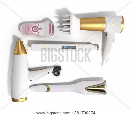 Set Of Equipment For Hair Care Hair Dryer Epilator Curling Iron Hair Straightener 3d Render On White