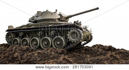 Heavy Armor Military Tank Attacking On Ground Isolated On White Background With Clipping Path