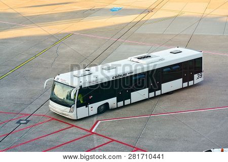 DUSSELDORF, GERMANY - CIRCA OCTOBER, 2018: infield shuttle bus Cobus 3000 at Dusseldorf airport. 