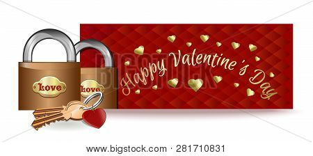 Valentines Day Design With A Pair Of Locks And Key. Locks On The Background Of A Greeting Card. Vect