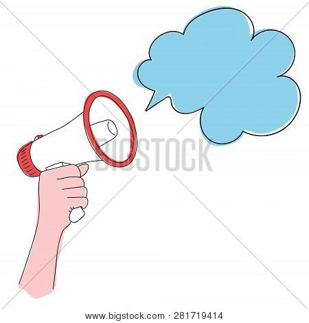Man Hand Holding Megaphone Announcement With Cloud In Color. Hand Drawn Skech Cartoon Vector.