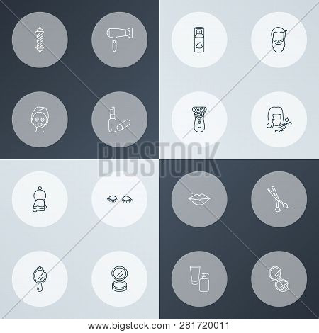 Barber Icons Line Style Set With Electric Shaver, Shaving Cream, Towel And Other Shears Elements. Is