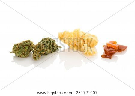 Cannabis Bud, Rosin, Shatter. Marijuana Concentrates On White Background.