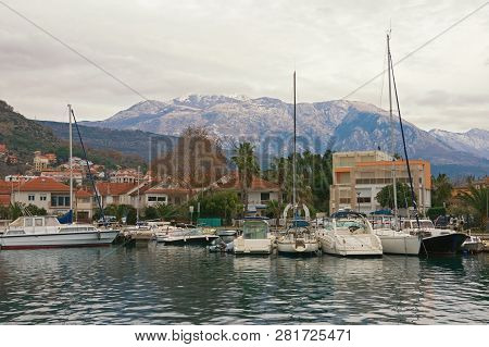 Beautiful Mediterranean Landscape On Cloudy Winter Day.   Montenegro, Bay Of Kotor. View Of Marina K