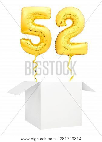 Golden Number Fifty Two Inflatable Balloon With Golden Ribbon Flying Out Of Blank White Box Isolated